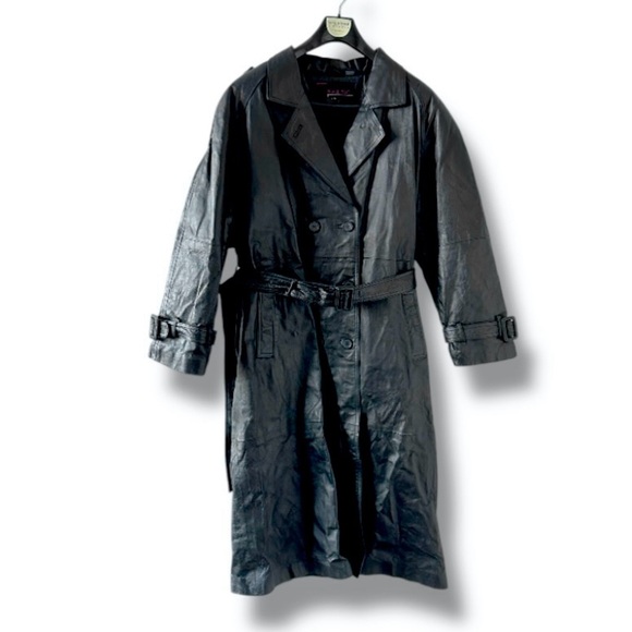 Vintage Phase Two Black Leather Belted Trench Coat Women's Size XL Chic Classic - Picture 1 of 16